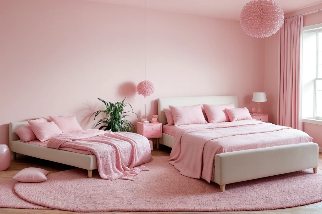 there is a pink bed with pillows and a pink rug, pink zen style, brightly lit pink room, bedroom background, pink hue, pink pastel, the walls are pink, minimal pink palette, bedroom interior, pastel pink, with soft pink colors, pink vibe, pink background, vibrant pink, heaven pink, light pink background, bedroom, smooth pink skin