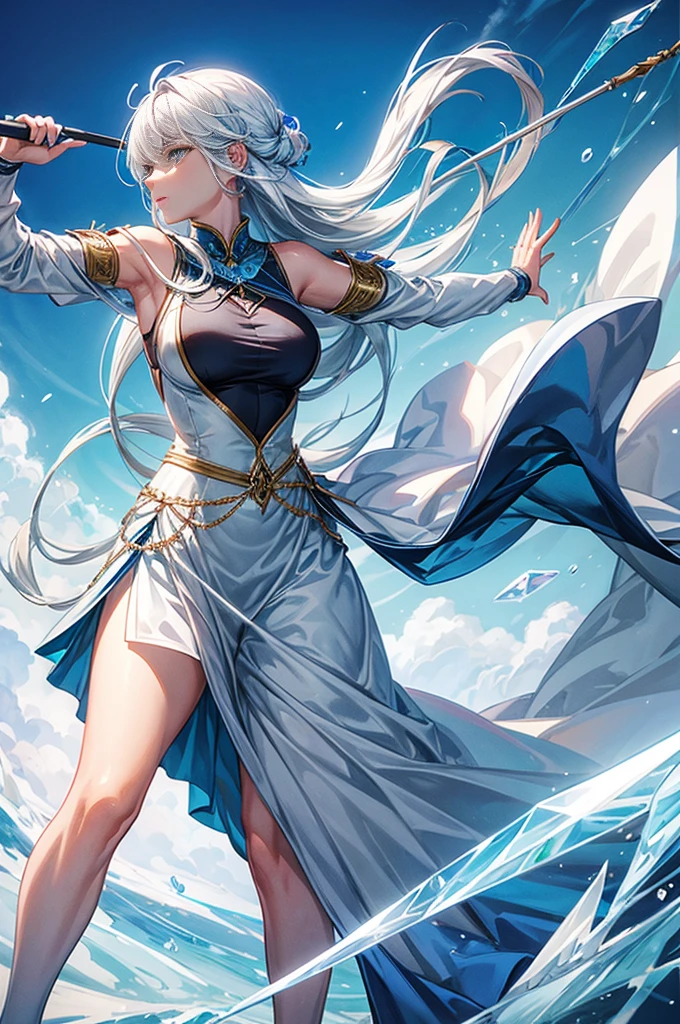 A female archer wielding a large ice bow, she is the god of ice and stillness, everything around her is ice, she has white ice looking clothes, white hair