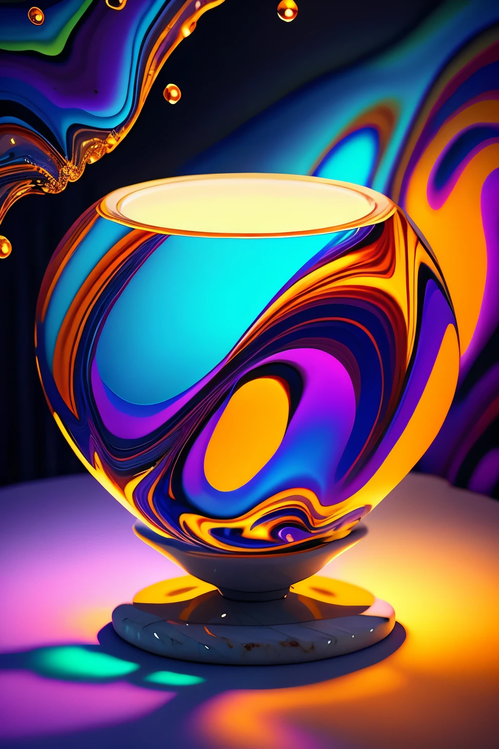 surreal glass shape, liquid glass, chromatic aberration, broken prism, refraction, light caustics, detailed illustration , oranges on a white marble table, deep purple velvet drapes, 8k, photography style,2 glasses with orange bioluminescent fluid in them, on a white marble table, bioluminescent, colorfull, glow,
