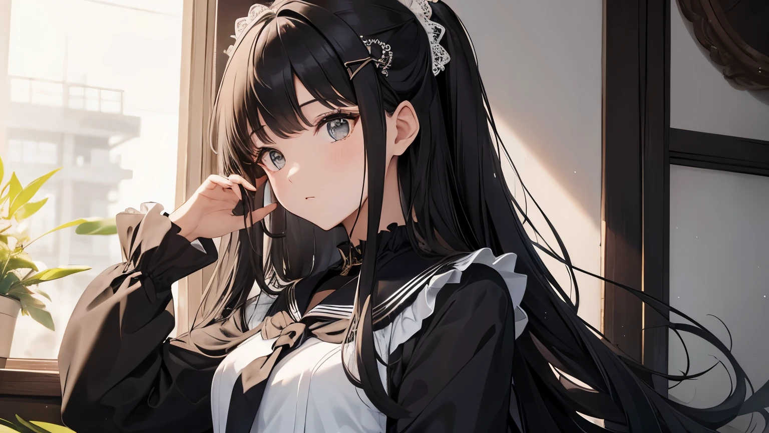 A beautiful girl wearing a black sailor suit with lots of frills and lace　Long sleeve　Long black hair with hair ornament　Upper Body