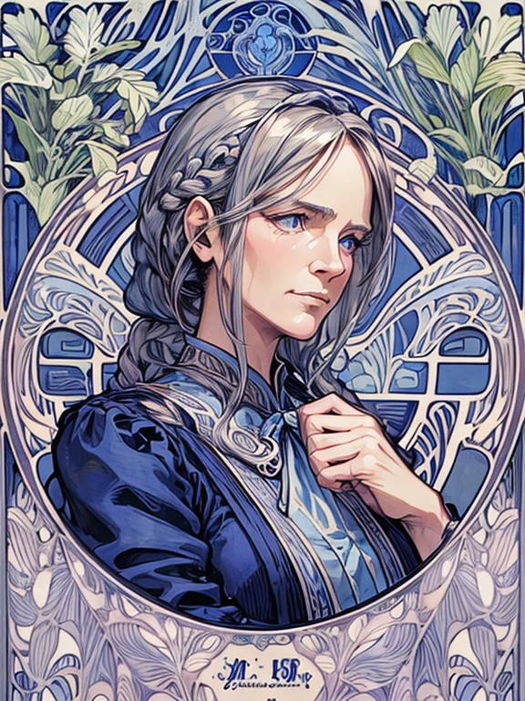 masterpiece, Highest quality, Very detailed, 16K, Ultra-high resolution, Cowboy Shot, (art nouveau:1.4), 65-year-old old woman, Detailed face, blue eyes, Gray Hair, Braiding, Red dress