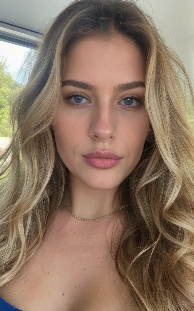 Jolie belle blonde russe faisant un selfie DE HAUT en regardant la camera de fasse , Selfie, décolleté, highly detailed, 19 ans, visage innocent, naturally wavy hair, yeux bleus, high resolucion, tmasterpiece, showing clevage