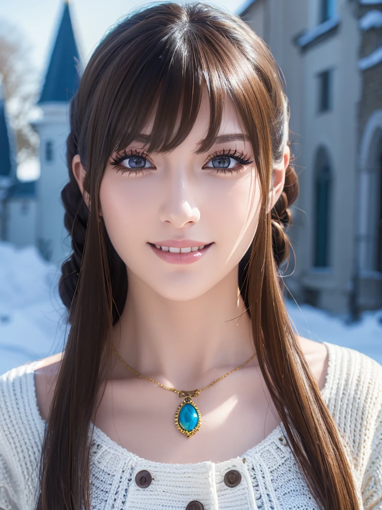a beautiful young russian woman, detailed face, ((high quality)), photorealistic, stunning eyes, long eyelashes, flawless skin, light brown hair, tight waist, necklace, active posing, long hairstyle, vivid colors, masterpiece, best quality, confident expression, ultra-detailed, (realistic:1.37), 8K, HDR, studio lighting, physically-based rendering, professional, vivid colors, bokeh, beautiful figure, gorgeous lips, fantasy snowy landscape、Large knitted clothing、smile