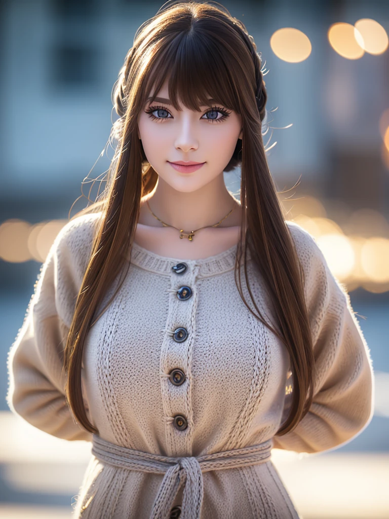 a beautiful young russian woman, detailed face, ((high quality)), photorealistic, stunning eyes, long eyelashes, flawless skin, light brown hair, tight waist, necklace, active posing, long hairstyle, vivid colors, masterpiece, best quality, confident expression, ultra-detailed, (realistic:1.37), 8K, HDR, studio lighting, physically-based rendering, professional, vivid colors, bokeh, beautiful figure, gorgeous lips, fantasy snowy landscape、Large knitted clothing、smile