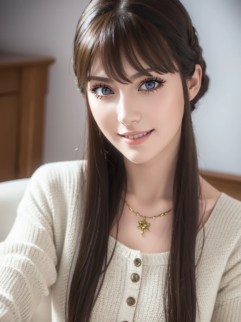 a beautiful young russian woman, detailed face, ((high quality)), photorealistic, stunning eyes, long eyelashes, flawless skin, light brown hair, tight waist, necklace, active posing, long hairstyle, vivid colors, masterpiece, best quality, confident expression, ultra-detailed, (realistic:1.37), 8K, HDR, studio lighting, physically-based rendering, professional, vivid colors, bokeh, beautiful figure, gorgeous lips, fantasy snowy landscape、Large knitted clothing、smile