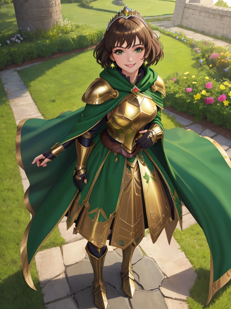 masterpiece, best quality:1.2), 1girl, smile, looking at viewer, green eyes, short brown hair, princess, armor, armored dress, green cloak cape, wearing puffy blue ballgown skirt, golden tiara with green gem, armored boots, fingerless gloves, standing in medieval garden
