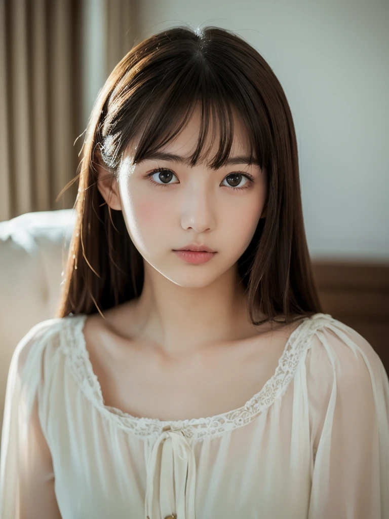 (in 8K, Raw photography, Highest Quality,realisitic, Photorealsitic,extremely delicate and beautiful,Highly detailed, finely detail,ultra-detailliert, high resolution:1.3), japanes, femele, (17 age), Viewer's Perspective, Beautiful and shiny straight semi-long hair, see-through bangs, Embarrassed look, Half-open lips, Draw poses and angles randomly, (Beautiful fece:1.2), (kawaii:1.3)