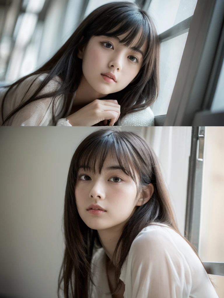 (in 8K, Raw photography, Highest Quality,realisitic, Photorealsitic,extremely delicate and beautiful,Highly detailed, finely detail,ultra-detailliert, high resolution:1.3), japanes, femele, (), Viewer's Perspective, Beautiful and shiny straight semi-long hair, see-through bangs, Embarrassed look, Half-open lips, Draw poses and angles randomly, (Beautiful fece:1.2), (kawaii:1.3)