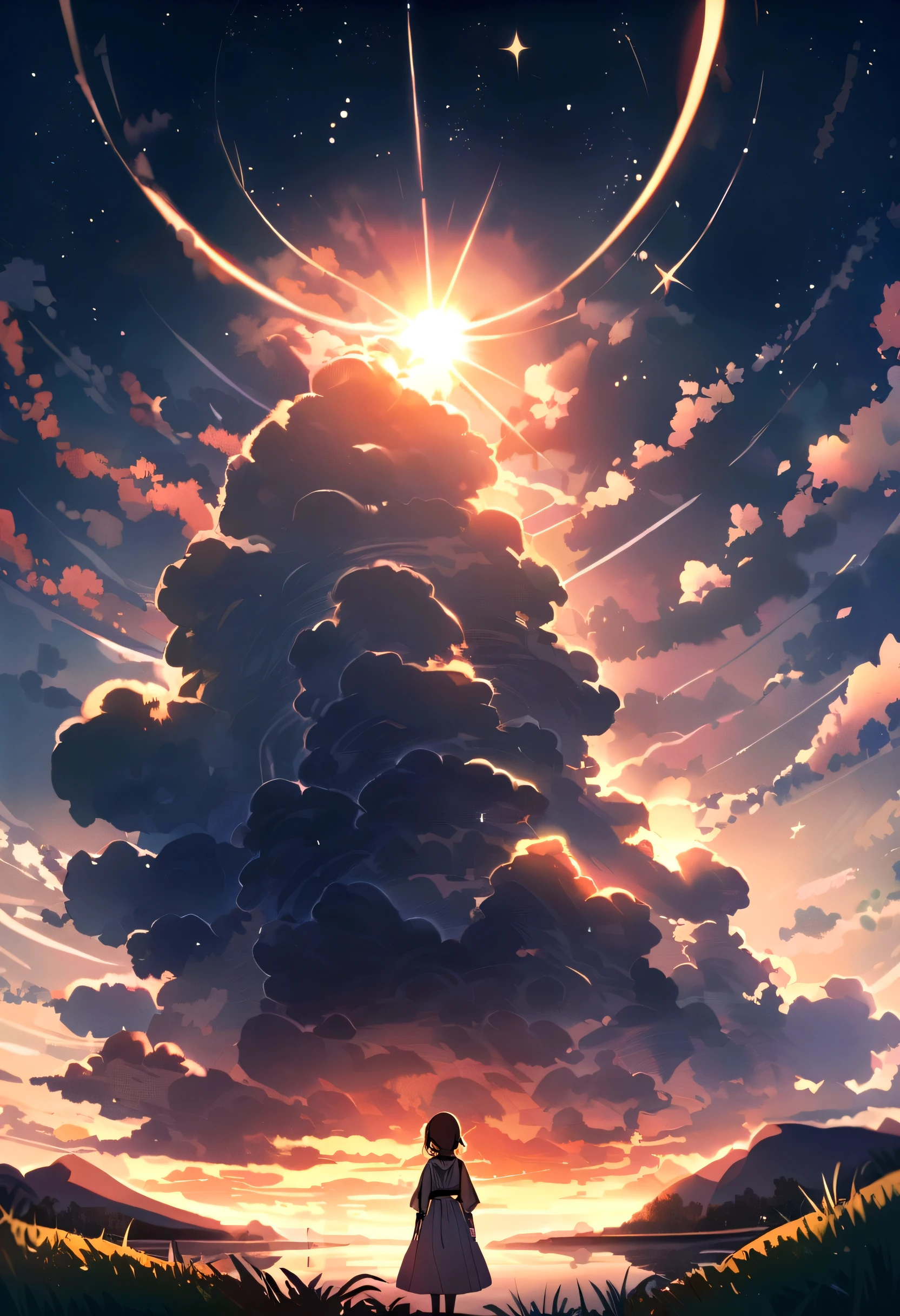 , river, Beautiful sunset, Big Clouds, Green Grass, sad mood, I can see the stars beyond the clouds, space, The sun's light illuminates the world, masterpiece, Mountain々