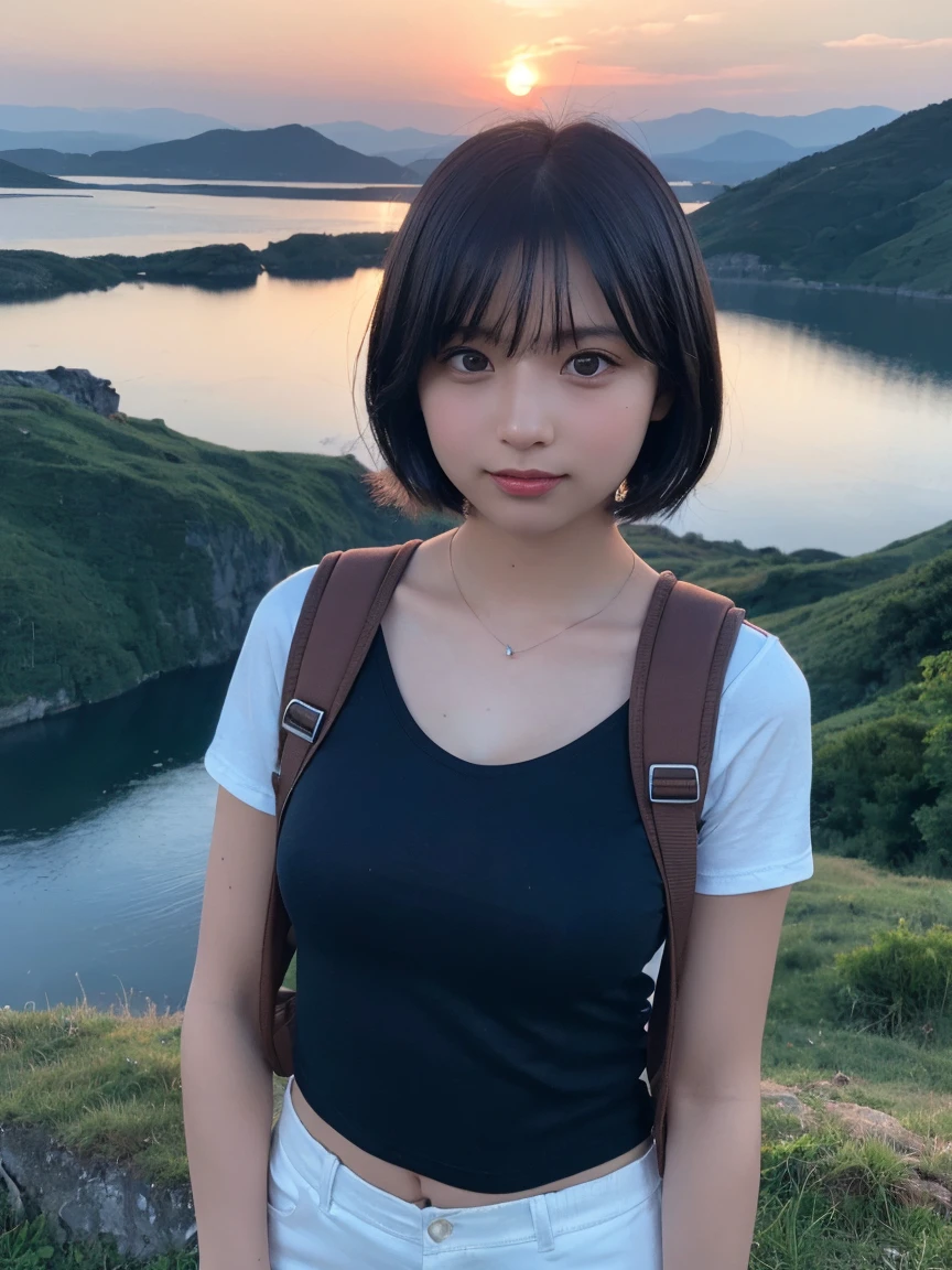 Highest quality, masterpiece, Ultra-high resolution, (Realistic:1.3), RAW Photos, (Nature landscape photography), (Majestic mountain peaks, sea of clouds), (On a very wide mountain), (sunset), (two girls), (Upper Body), (18-year-old), (smile:0.9), (Shiny skin), (short hair, Dark brown hair), (White T-shirt), (Casual shorts), (Carry a large backpack on your back), (Ultra detailed face), (Super beautiful poop), (Highly detailed eyes), (Highly detailed nose), (Highly detailed mouth), (Very skilled hands), (Super-detailed body), Nikon, 85mm lens, f9.0, Pan Focus