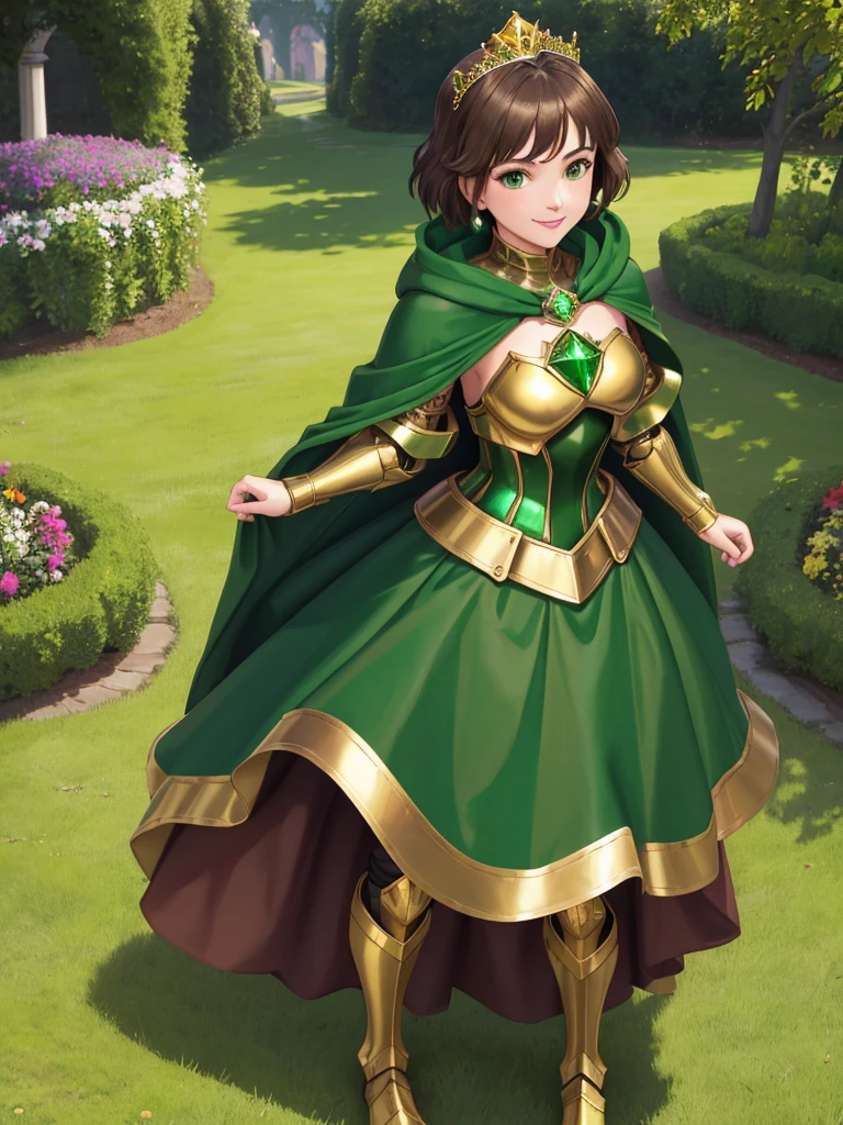 masterpiece, best quality:1.2), 1girl, smile, looking at viewer, green eyes, short brown hair, princess, armor, armored dress, green cloak cape, wearing puffy blue ballgown skirt, golden tiara with green gem, armored boots, fingerless gloves, standing in medieval garden