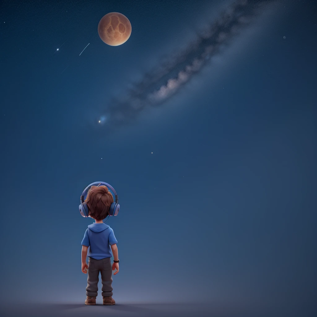 A small astronomer in the middle of blue background who is wearing headphones seen from his back
