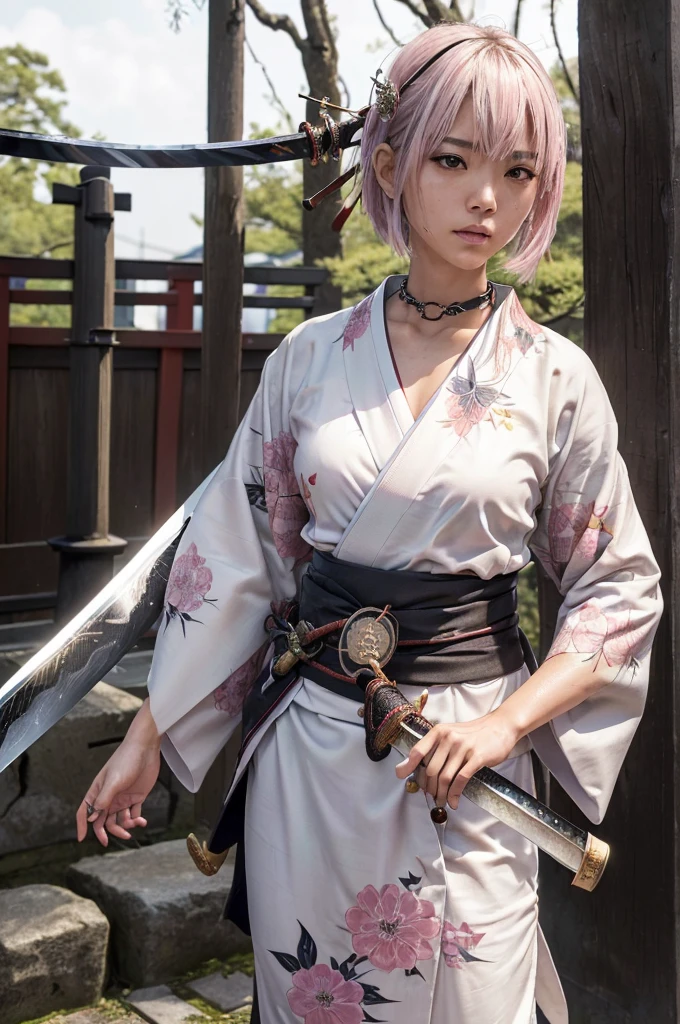 nsfw,(Highest quality:1.2),32k HDR,High resolution,Perfect Anatomy,Wet and shiny white skin,Sweat dripping down my body,Slender model figure,Ahegao,Silver and pink hair,short hair,soaked through,Super small face,Collar and leash,Alley,Edo Town,photo shoot,Maid,((Japanese sword)),tattoo,((whole bodyにタトゥー)),(Arms covered in tattoos),tattoo,((whole bodyにタトゥー)),(Arms covered in tattoos),(whole bodyをA body covered in tattoos), (A body covered in tattoos),((Collar with leash)),(Lockに繋がれた少女),Women in ecstasy,climax,Acme,Detailed skin texture, Detailed face, Fine grain,((whole body)),((艶やかなkimono)),(((nightの町))),((暗darkness)),((頭からfootまで)),((Lock帷子)),(((Lock))),(foot),(((Wrapped in a cloth))),((geta)),((大きなJapanese swordを構える)),(((Japanese swordを構える)),((kimono)),((Are standing)),((Wrap a cloth around your chest)),(((巨大なJapanese sword))),((Wear a black belt around your waist)),((花柄のkimono)),((Thin fabric)),((身長と同じくらいの大きさのJapanese swordを振りかぶる)),((night)),((Dim light)),((Glaring at the camera)),((Bold pose)),(((Restraints))),(((darkness))),(((moonlight))),,(((kimonoの上からLockを身体中に巻く:1.2))),(((Japanese sword:1.3))),((Lock)),((Hakama)),((Wrap the chain)),