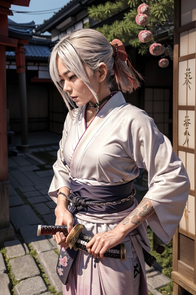 nsfw,(Highest quality:1.2),32k HDR,High resolution,Perfect Anatomy,Wet and shiny white skin,Sweat dripping down my body,Slender model figure,Ahegao,Silver and pink hair,short hair,soaked through,Super small face,Collar and leash,Alley,Edo Town,photo shoot,Maid,((Japanese sword)),tattoo,((whole bodyにタトゥー)),(Arms covered in tattoos),tattoo,((whole bodyにタトゥー)),(Arms covered in tattoos),(whole bodyをA body covered in tattoos), (A body covered in tattoos),((Collar with leash)),(Lockに繋がれた少女),Women in ecstasy,climax,Acme,Detailed skin texture, Detailed face, Fine grain,((whole body)),((艶やかなkimono)),(((nightの町))),((暗darkness)),((頭からfootまで)),((Lock帷子)),(((Lock))),(foot),(((Wrapped in a cloth))),((geta)),((大きなJapanese swordを構える)),(((Japanese swordを構える)),((kimono)),((Are standing)),((Wrap a cloth around your chest)),(((巨大なJapanese sword))),((Wear a black belt around your waist)),((花柄のkimono)),((Thin fabric)),((身長と同じくらいの大きさのJapanese swordを振りかぶる)),((night)),((Dim light)),((Glaring at the camera)),((Bold pose)),(((Restraints))),(((darkness))),(((moonlight))),,(((kimonoの上からLockを身体中に巻く:1.2))),(((Japanese sword:1.3))),((Lock)),((Hakama)),((Wrap the chain)),