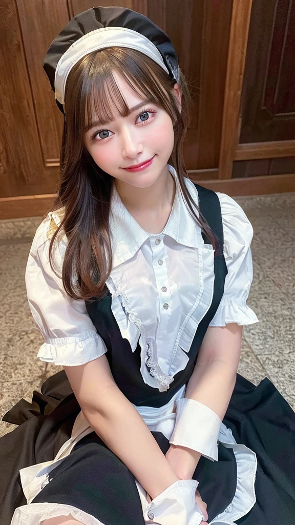 (8k, RAW photo, best quality, masterpiece:1.2), High detail RAW color photo, professional photograph, cowboyshot, (realistic, photo realistic:1.37), ((best quality)), 1 girl, cinematic light, (finerly detailed face:1.2), (masterpiece:1.5), (best quality:1.2), (smiling:1.2), (looking at viewer:1.2), bowtie, (detailed maid:1.2)