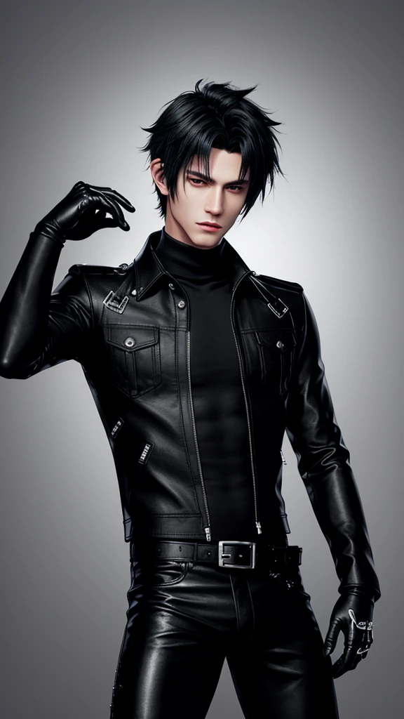 Final fantasy taste and reality graphics, Japanese young cute and cool ikemen  boy, his age is early 20s, thin eyebrows and beady eyes,  he wearing off black color leather thick singlebrest biker jacket, with epaulet,  must close the front of the leather jacket, jacket is biker style, jacket is voluminous, , jacket collar is high length stand-up collar with belts, jacket is a little black line pattern,close the front of the jacket, also wearing black thick turtleneck lackluster shirts,  tight black leather pants, shiny black leather tight and thin glove, black leather knee-high raceup boots,must views  head-to-toe,must views whole body, boy looks like fashion model,Do not show skin from the neck down,leather jacket leather glove and leather pants have few wrinkles,boy in the room,