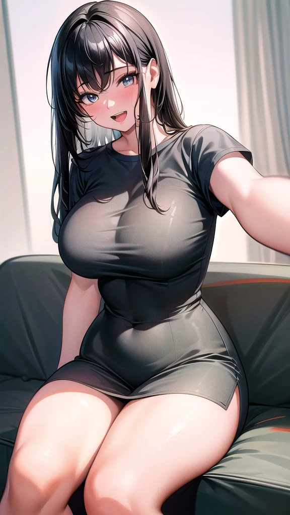 20 years old,1 girl, extremely thick thighs, hyperrealistic, 8k, (extremely detailed 8k), (very delicate and beautiful), (masterpiece), (better quality:1.0), (ultra high resolution:1.0), (masterpiece, best quality), cute,black hair,laugh with open mouth,gleaming skin,, short sleeve shirt,leaning forward,reaching out,low angle