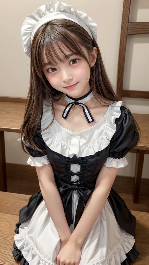 Top image quality、8K、masterpiece:1.3))、Realistic high-quality photos、top-quality、girl cute-fine face、 beautiful Japan girl、Photo of slim model、Beautiful girl model、young japanese girl、Young cute face、japanaese girl、13-year-old female model、Beautiful Model Girl、The innocent look of the girl next door、lovely delicate face、Brown hair、Beautiful brown eyes、Tear bag、drooing eyes、young body、Wearing a cute black maid costume with short sleeves satin、At the café with a big smile、White ruffled headband、Apron with white ruffles、a black choker、Glamorous figure、