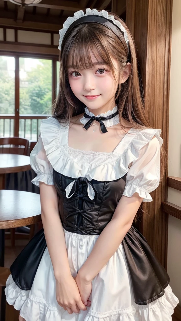 Top image quality、8K、​masterpiece：1.3))、Realistic high-quality photos、top-quality、girl cute-fine face、13 years old beautiful Japan girl、Photo of slim  model、Beautiful girl model、young japanese girl、Young cute face、japanaese girl、13-year-old female model、Beautiful Model Girl、The innocent look of the girl next door、lovely delicate face、Brown hair、Beautiful brown eyes、Tear bag、drooing eyes、young body、Wearing a cute black maid costume with short sleeves satin、At the café with a big smile、White ruffled headband、Apron with white ruffles、a black choker、Glamorous figure、