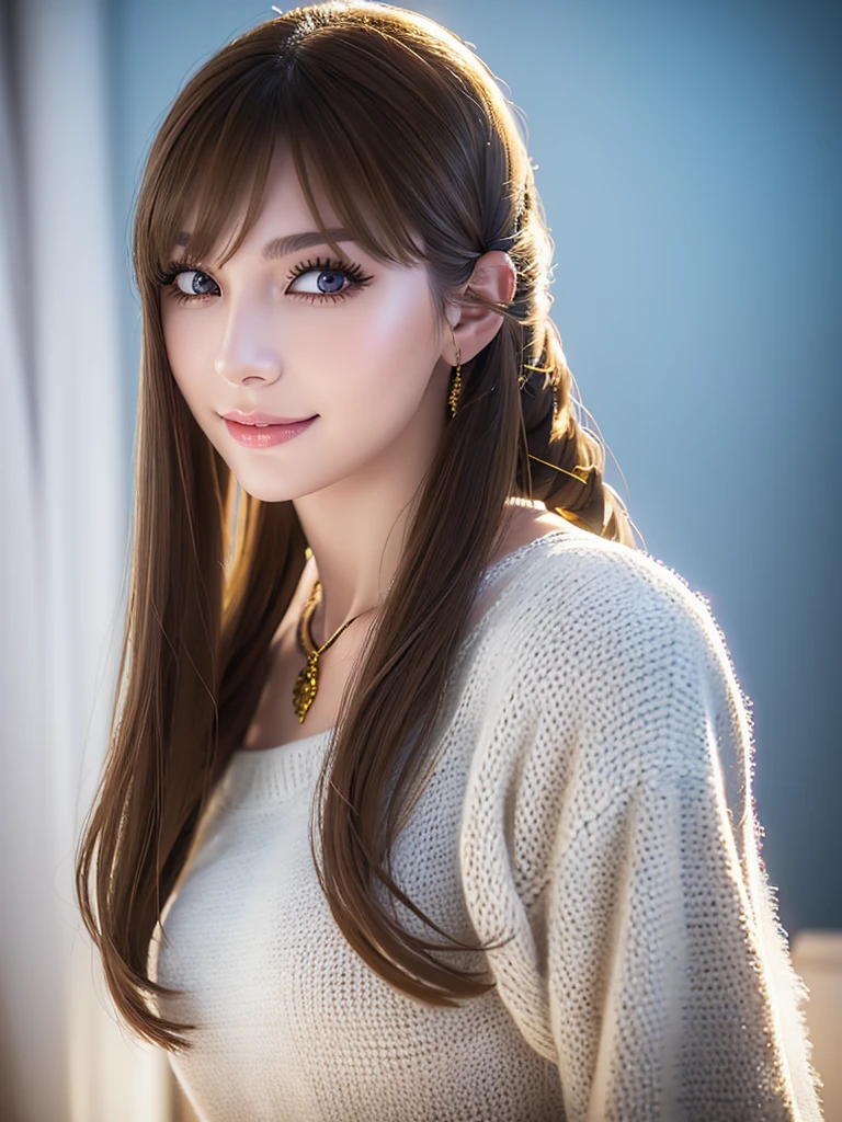 a beautiful young russian woman, detailed face, ((high quality)), photorealistic, stunning eyes, long eyelashes, flawless skin, light brown hair, tight waist, necklace, active posing, long hairstyle, vivid colors, masterpiece, best quality, confident expression, ultra-detailed, (realistic:1.37), 8K, HDR, studio lighting, physically-based rendering, professional, vivid colors, bokeh, beautiful figure, gorgeous lips, fantasy snowy landscape、Large knitted clothing、smile