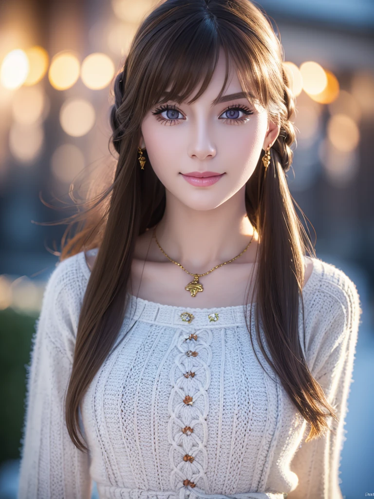 a beautiful young russian woman, detailed face, ((high quality)), photorealistic, stunning eyes, long eyelashes, flawless skin, light brown hair, tight waist, necklace, active posing, long hairstyle, vivid colors, masterpiece, best quality, confident expression, ultra-detailed, (realistic:1.37), 8K, HDR, studio lighting, physically-based rendering, professional, vivid colors, bokeh, beautiful figure, gorgeous lips, fantasy snowy landscape、Large knitted clothing、smile