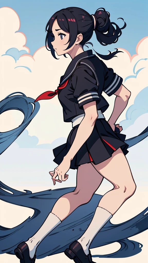 ((masterpiece,best quality))、only one woman、All-black ninja costume、black eyes、black low pigtails、blunt bangs、Japanese、smile、 delicate hands、anime、illustration、Two dimensions、beautiful girl