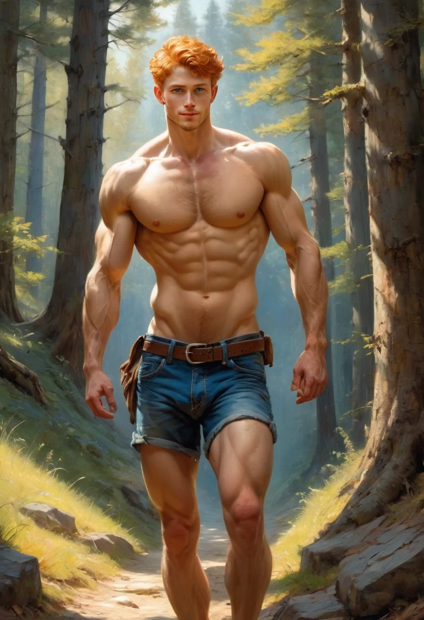 1 walking on a mountain rural pathway wearing lumberjack shirt, blue jeans, brown bots, blue indigo back bag, blue cap, smiling , , by Aaron Horkey and Jeremy Mann, masterpiece, best quality, Photorealistic, ultra-high resolution, photographic light, illustration by MSchiffer, fairytale, Hyper detailed A mixture of photography and painting, Composition of Perfect Divine Proportione, 8k resolution fullbody image,(( view from behind)) full body, oil painting A young man, white skin, ginger, barbed, hairy body, thin face, straight nose, thin lips, square chin, large light blue eyes, short red wavy hair, in roberto ferri style, aesthetic slim athletic body, ginger realistic skin, gorgeous, detailed tonned muscles, barefoot, perfect anatomy, muscled fitness body, in caravagio+rubens+rembrant art style. Young man, perfect anatomy, , energetic splendid, Barefoot, naked, small flacid penis, slim and detailed muscles, shirtless, pantless, fullbody, wearing sandals, the composition of shadows and lights give an atmosphere of spaciousness, he is a sitting by the entrance of a beautifull country house in the forest , barefoot, perfect detailed feet, relaxed body lenguaje, relaxed face expresion. in the backgroound, country house, forest, natural lighting,