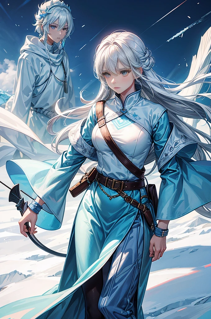 A female archer wielding a large ice bow, she is the god of ice and stillness, everything around her is ice, she has white ice looking clothes, white hair, she is emotionless. She is up in the mountains.