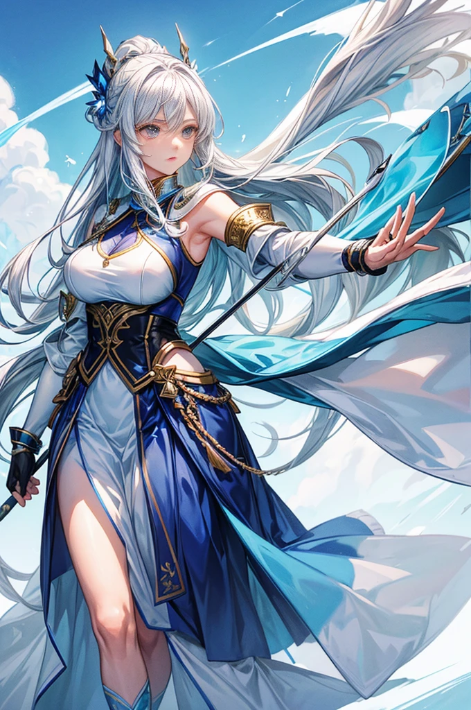 A female archer wielding a large ice bow, she is the god of ice and stillness, everything around her is ice, she has white ice looking clothes, white hair, she is emotionless. She is up in the mountains.