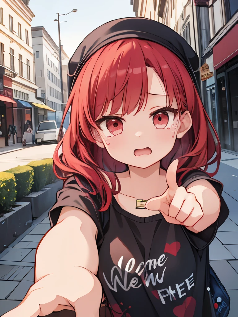 Masterpiece,best quality,ultra detailed,Girl,red hair, Tears in her eyes, a comical expression on her face, (pointing at herself),The background is a pattern of red, blue and yellow lights.