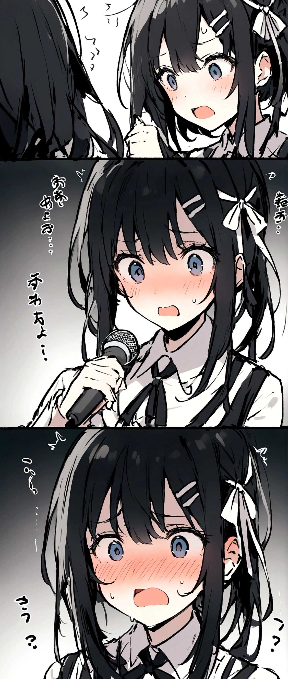 Black Hair、long、Grating、Ribbon hair ornament on the right、About 7 years old、singing、Girl