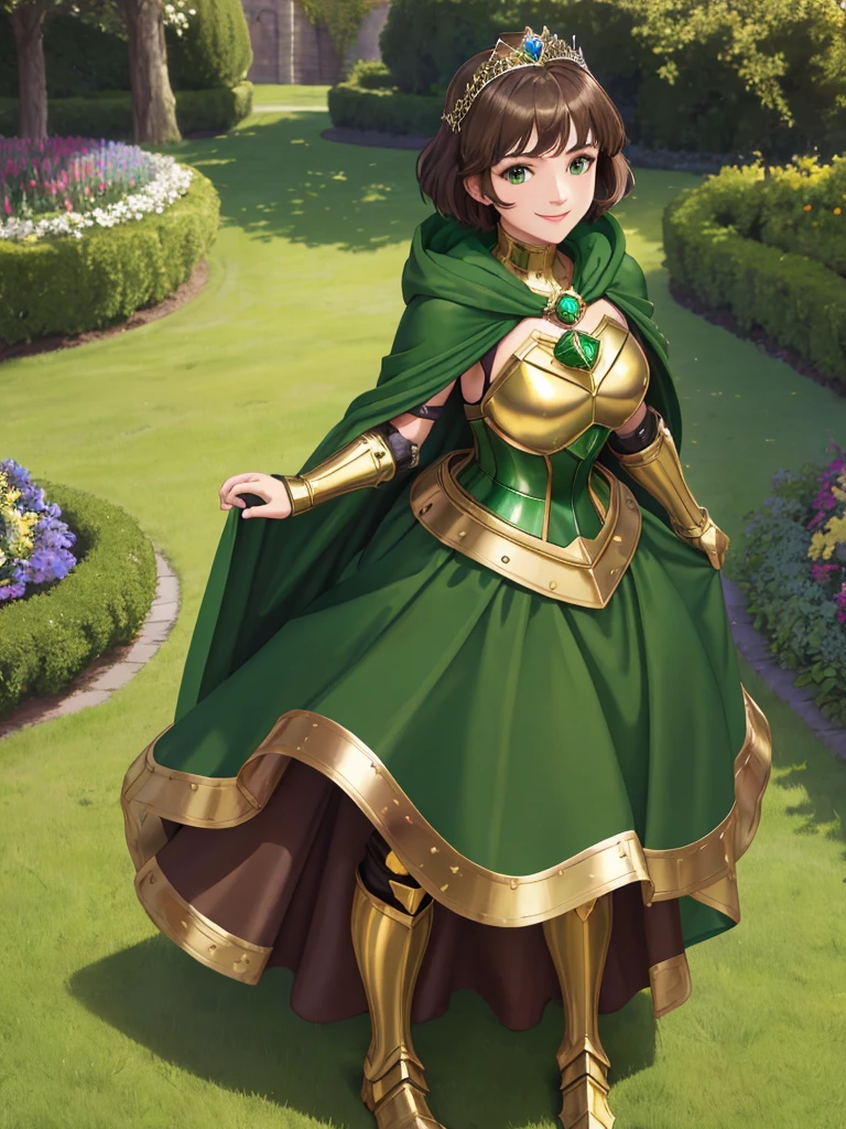 masterpiece, best quality:1.2), 1girl, smile, looking at viewer, green eyes, short brown hair, princess, armor, , pauldrons, armored dress, green cloak cape, wearing puffy blue ballgown skirt, golden tiara with green gem, armored boots, fingerless gloves, standing in medieval garden