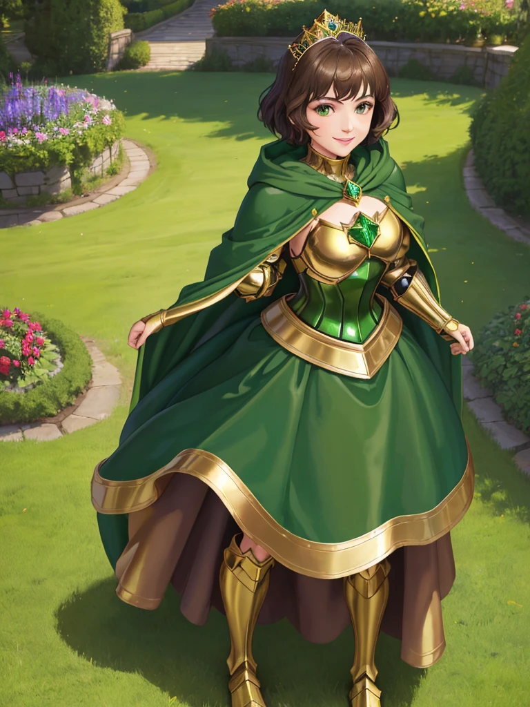 masterpiece, best quality:1.2), 1girl, smile, looking at viewer, green eyes, short brown hair, princess, armor, armored dress, green cloak cape, wearing puffy blue ballgown skirt, golden tiara with green gem, armored boots, fingerless gloves, standing in medieval garden
