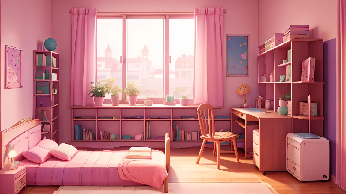 Beautifully detailed anime-inspired student bedroom, Cozy little bed, Bookshelf, Desk with laptop, Window with curtains, Potted plants, Fairy Lights, Warm lighting, Soft pastel colors, Moe Aesthetics, Very detailed, 4K, Realistic, masterpiece