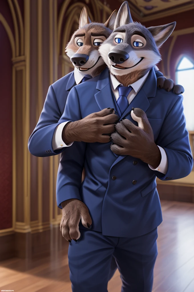 Larry (Zootopia), wolf, Gray Fur, (brown body:1.3), beautiful blue eyes, Zootopia, dressed,blazer,бутоньерка groomа,pink shirt,trousers,the bow tie, canine,wolf, detailed fur, male, second, paw pads, finger claws,одевает the bow tie, Games,At the viewer, 5 fingers, paws, 4 toes, in the wedding palace, groom, next to my stepfather, белый wolf, 
BREAK from nextel, for dating, by xenoforge, (difficult, high detail,digital photography, soft focus, RAW, close to the camera, smile, positive, Good, mood, Houses, looks at the viewer, очень close to the camera,his wedding, palace church, hugs father Photorealism, realistic, photorealistic,digital style, Subsurface scattering,очень close to the camera, groom, 
masterpiece, Best quality, ultra realistic, 8 thousand.)