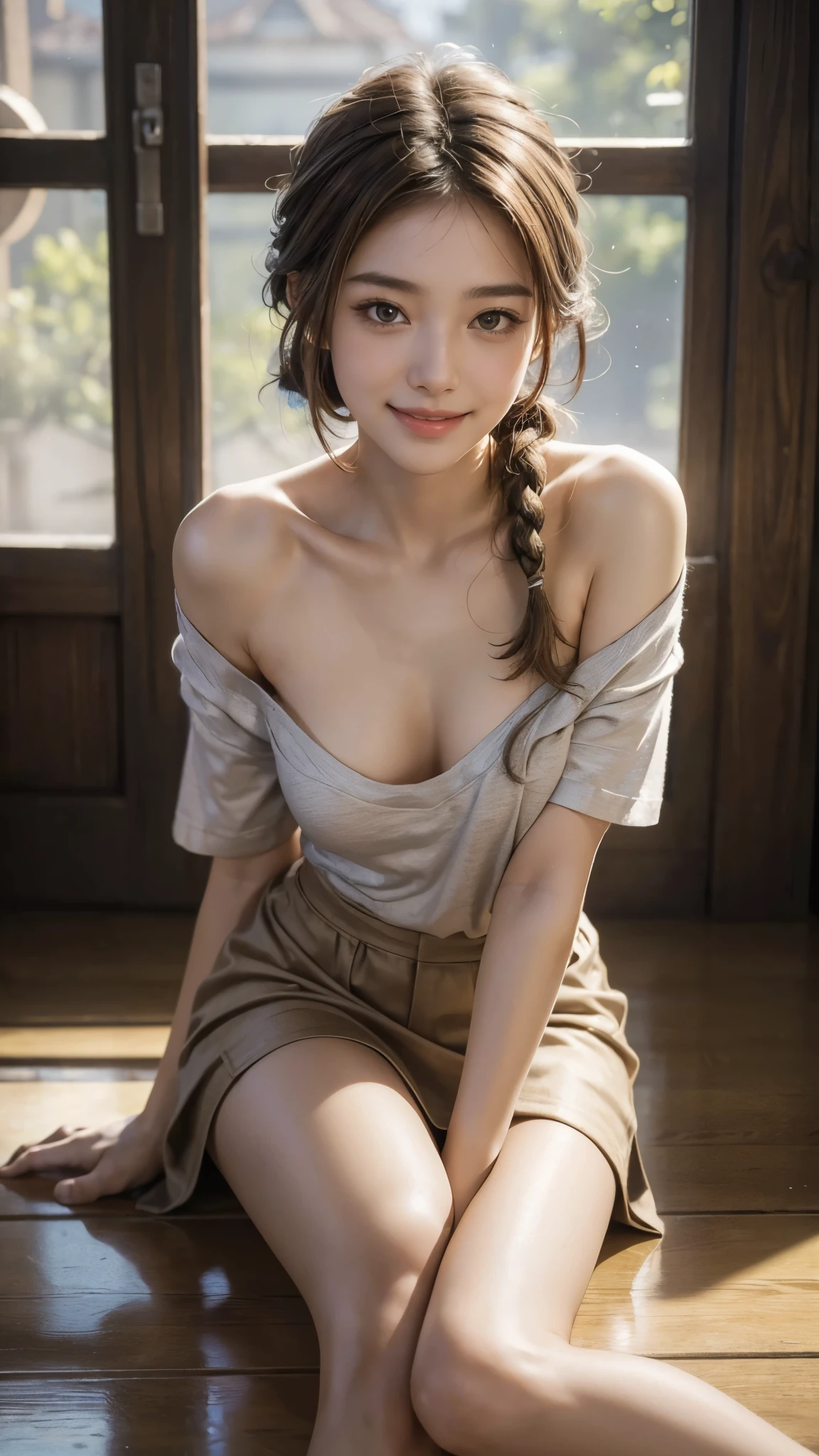 (masterpiece:1.3), (8K, Photorealistic, Raw photo, Best image quality: 1.4), Japanese schoolgirl、((Portrait taken from below:1.3,Beautiful feet)),(Smiling with teeth showing、Color contact lenses blue)),(Braided Hairstyles:1.4,Silver Hair Color)、Cleavage:1.2、Super detailed face、Attention to detail、double eyelid、Put your chest together、Sharp focus:1.2、Beautiful woman:1.4、Light brown hair、Highest quality、masterpiece、Ultra-high resolution、(Photorealistic:1.4)、Highly detailed and professionally lit smile、Dirty,A stretched out old T-shirt、Shoulder out、thin、Serious expression、Short-haired、Deadly position、I can see your chest、Blonde、