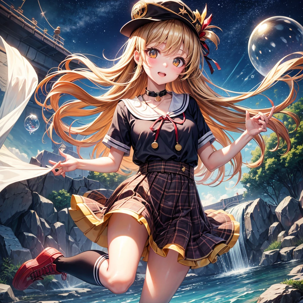 Red, brown, gold, gold hair、Golden Eyes、Hair tied up、One good looking girl、solo、anime、Checkered mini skirt、Ruffles on the skirt、Checked dress、blouse、school uniform、Black knee-high socks、Wearing a baseball cap、Ribbon、Ribbon on waist、Teeth are visible、Silver coin necklace、From above、Cobblestones、waterfall、Starry Sky、Midnight Moon、suspension bridge、Soap bubbles are flying、beam、ripple、Rocks floating in water、Crab walking