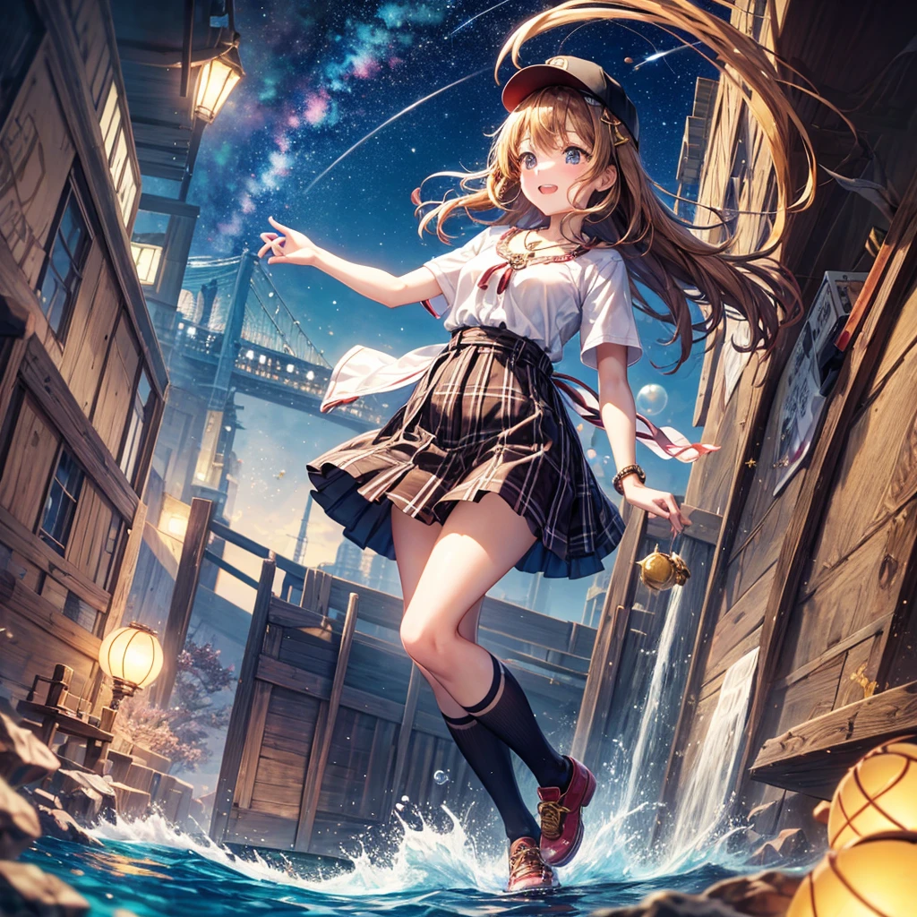 Red, brown, gold, gold hair、Golden Eyes、Hair tied up、One good looking girl、solo、anime、Checkered mini skirt、Ruffles on the skirt、Checked dress、blouse、school uniform、Black knee-high socks、Wearing a baseball cap、Ribbon、Ribbon on waist、Teeth are visible、Silver coin necklace、From above、Cobblestones、waterfall、Starry Sky、Midnight Moon、suspension bridge、Soap bubbles are flying、beam、ripple、Rocks floating in water、Crab walking