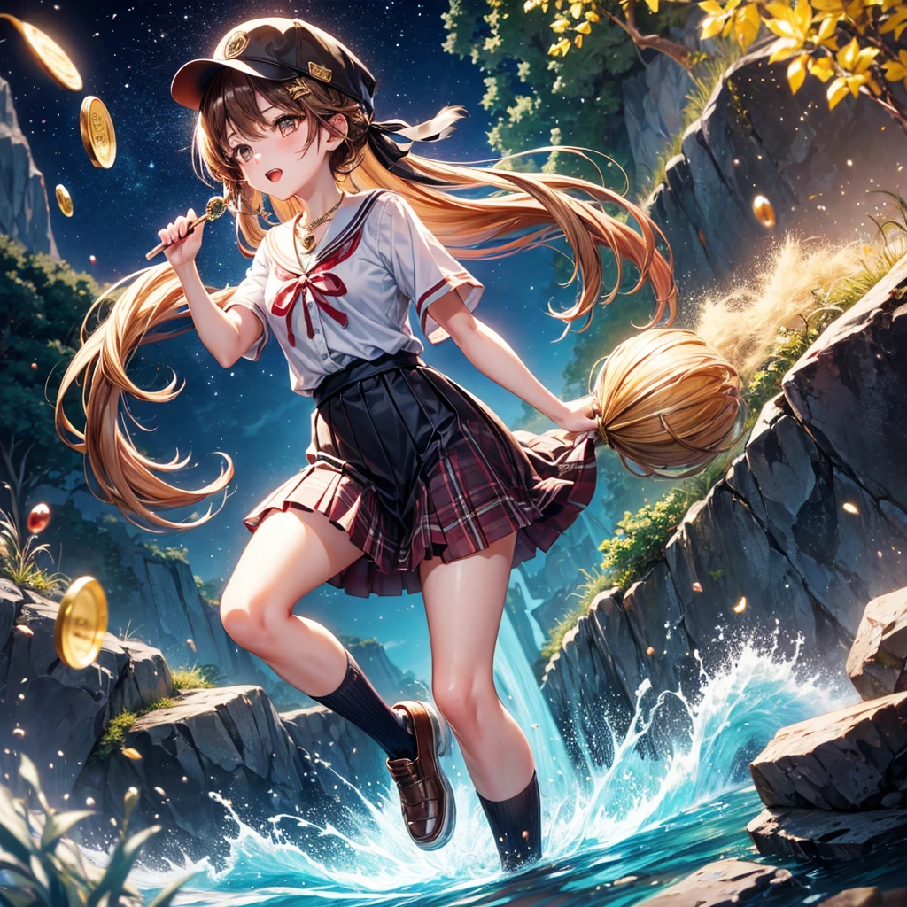Red, brown, gold, gold hair、Golden Eyes、Hair tied up、One good looking girl、solo、anime、Checkered mini skirt、Ruffles on the skirt、Checked dress、blouse、school uniform、Black knee-high socks、Wearing a baseball cap、Ribbon、Ribbon on waist、Teeth are visible、Silver coin necklace、From above、Cobblestones、waterfall、Starry Sky、Midnight Moon、suspension bridge、Soap bubbles are flying、beam、ripple、Rocks floating in water、Crab walking