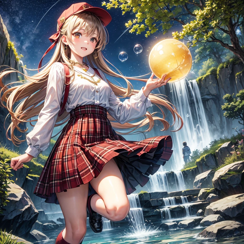 Red, brown, gold, gold hair、Golden Eyes、Hair tied up、One good looking girl、solo、anime、Checkered mini skirt、Ruffles on the skirt、Checked dress、blouse、school uniform、Black knee-high socks、Wearing a baseball cap、Ribbon、Ribbon on waist、Teeth are visible、Silver coin necklace、From above、Cobblestones、waterfall、Starry Sky、Midnight Moon、suspension bridge、Soap bubbles are flying、beam、ripple、Rocks floating in water、Crab walking
