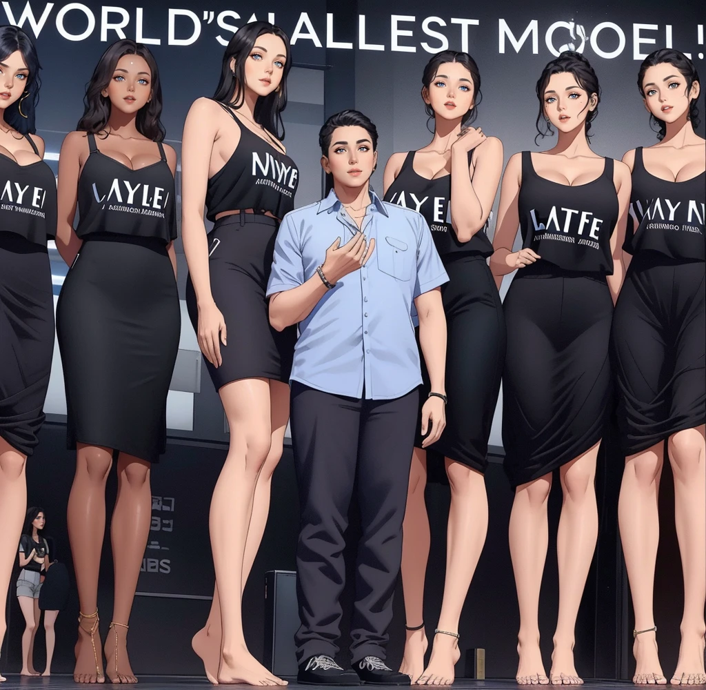 Three tall girls on the lfe left, three tall girls in the right, short man in the middle, the girls are much taller than the man, girls have big and cleavage, girls are wearing black, man is wearing blue shirt, girls are standing barefoot, man is wearing shoes,