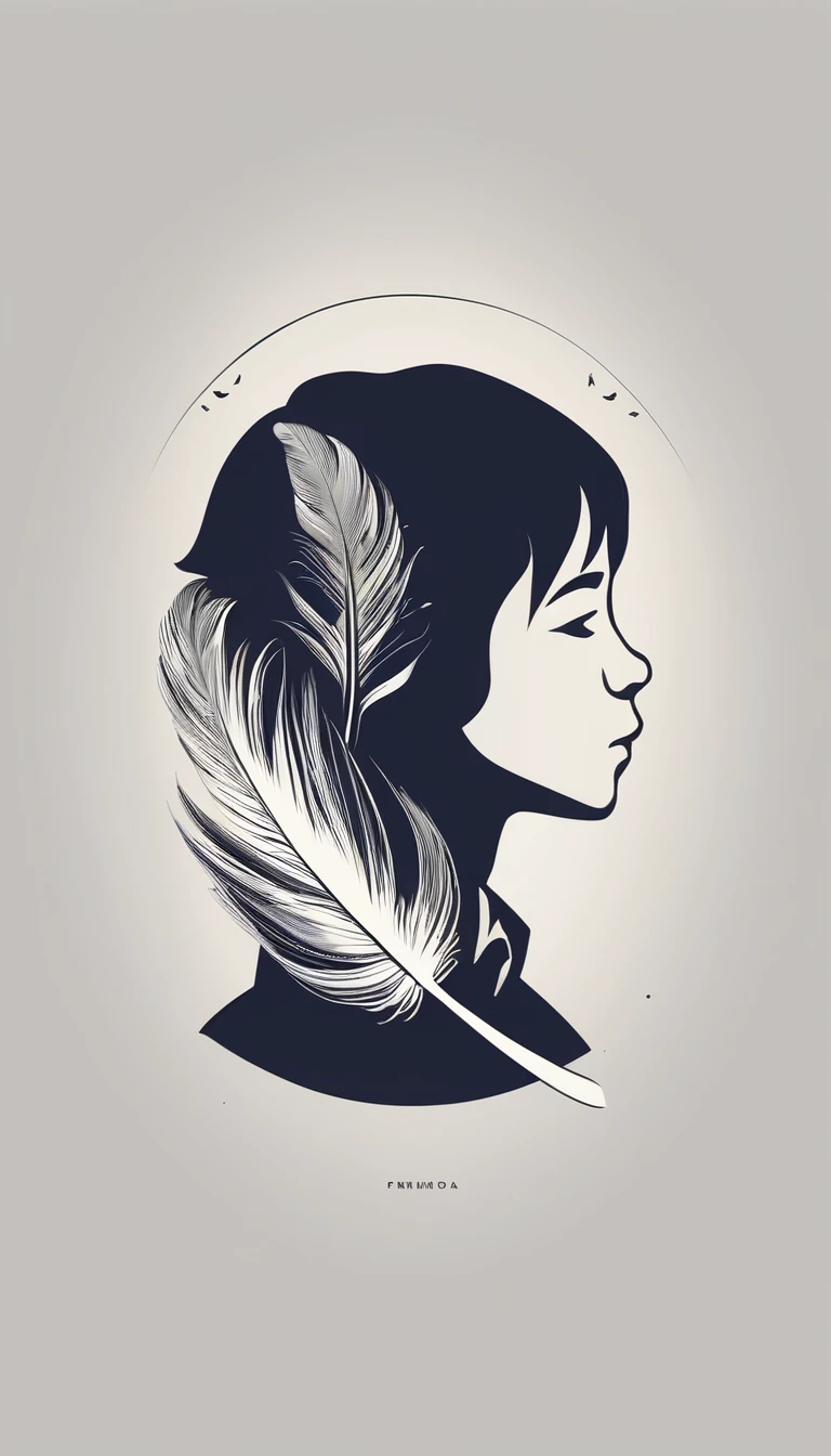 A minimalist, fantastic, poetic, dreamy, captivating, memorable, masterpiece, modern, simple logo design of a boy and a feather for the brand “Penamemoria". The logo must convey a sense of music, stories and dreams. Minimalistic logo design of a boy and a feather.
