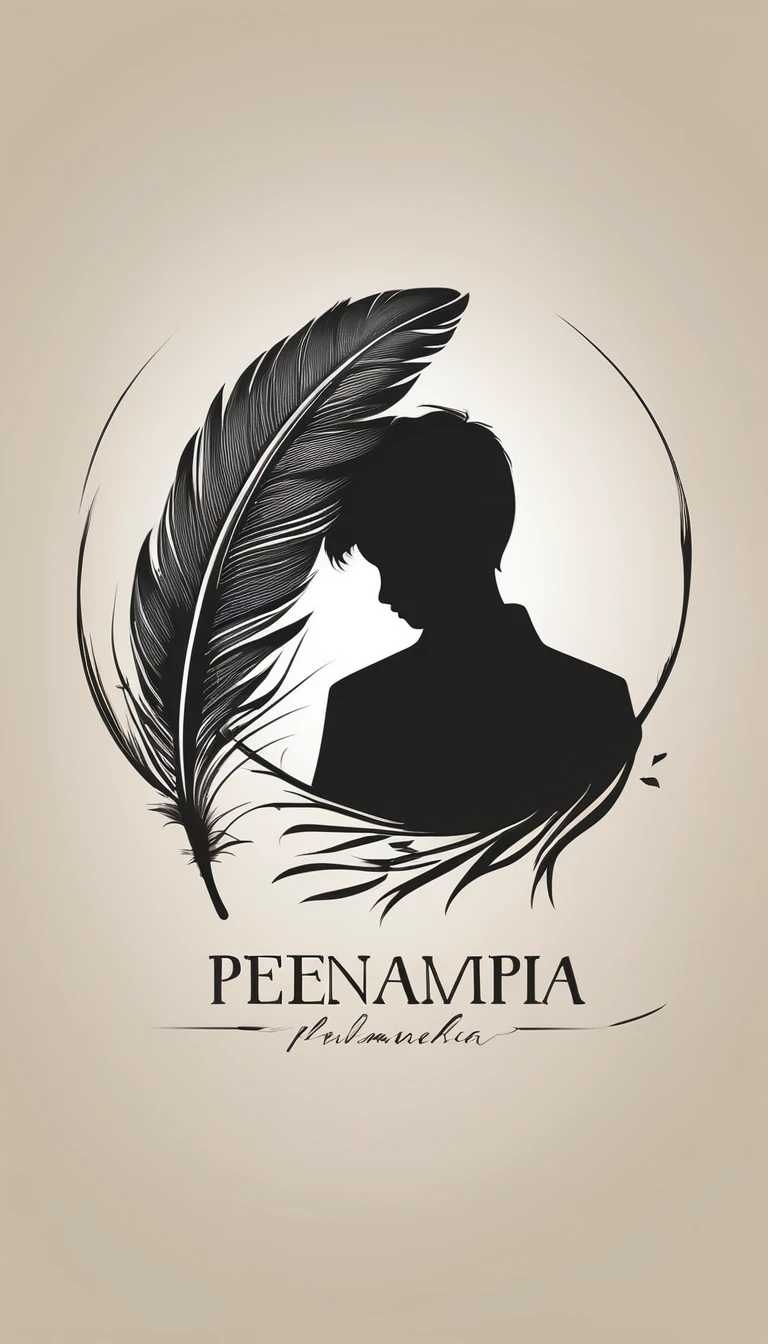 A minimalist, fantastic, poetic, dreamy, captivating, memorable, masterpiece, modern, simple logo design of a boy and a feather for the brand “Penamemoria". The logo must convey a sense of music, stories and dreams. Minimalistic logo design of a boy and a feather.
