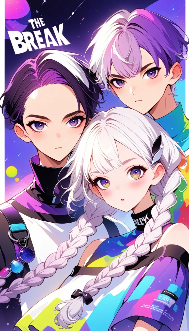 graphic design,Vector Art,Smooth lines,Simple style,Funny couple poster design:Break,Boys short hair white,Girl white hair purple Hair accessories long braids,Hair accessories,High collar off-shoulder short sleeves,Galaxy theme,(fashion design),(Vibrant colors)(Vibrant colors),(((Leave the top blank,text &References;rich and colorful")))