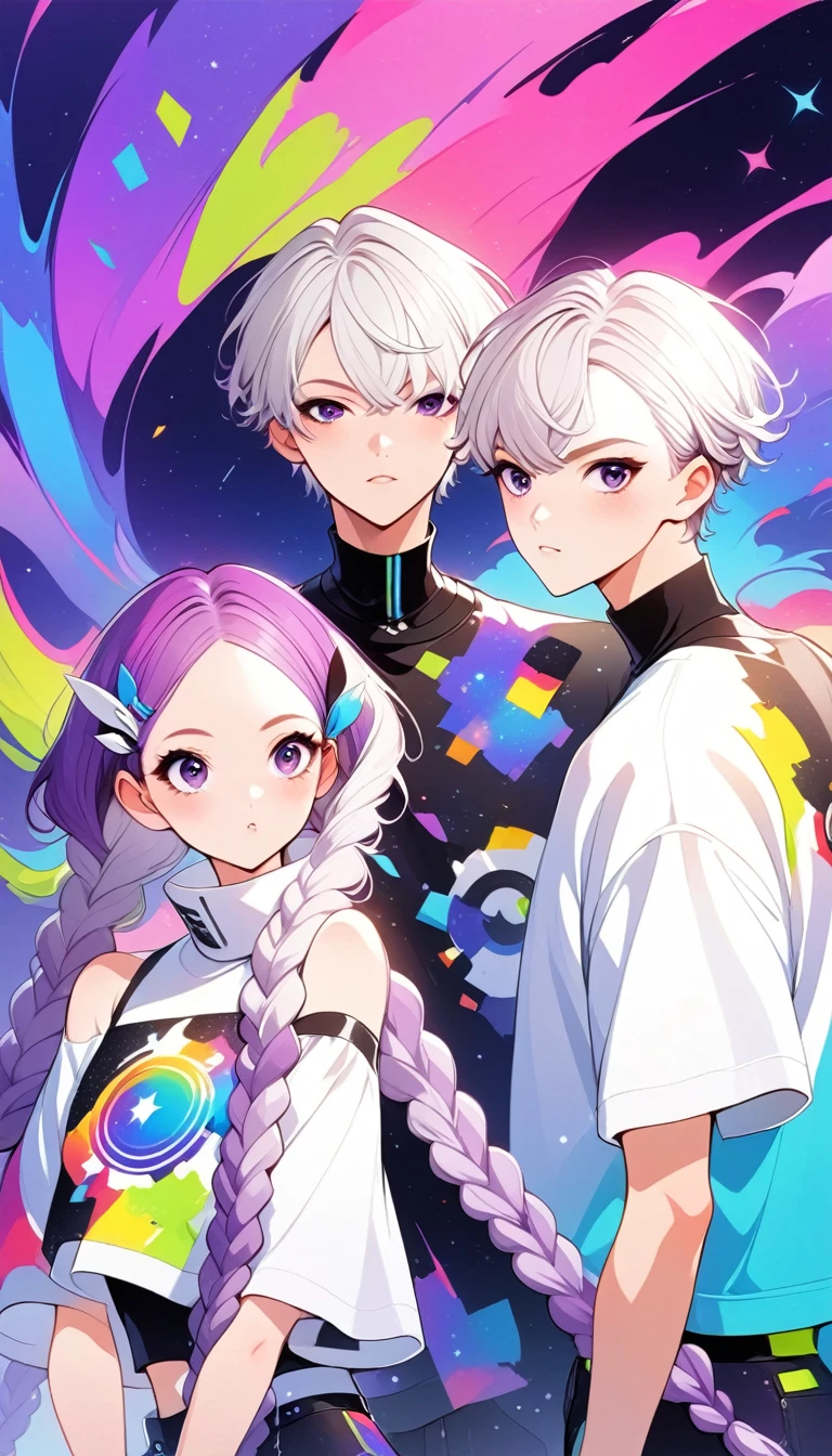 graphic design,Vector Art,Smooth lines,Simple style,Funny couple poster design:Break,Boys short hair white,Girl white hair purple Hair accessories long braids,Hair accessories,High collar off-shoulder short sleeves,Galaxy theme,(fashion design),(Vibrant colors)(Vibrant colors),(((Leave the top blank,text &References;rich and colorful")))