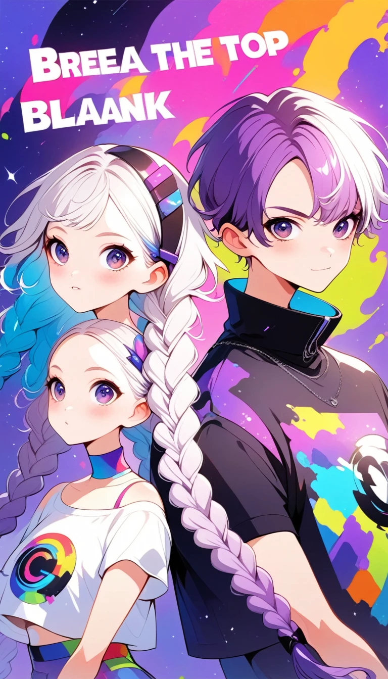 graphic design,Vector Art,Smooth lines,Simple style,Funny couple poster design:Break,Boys short hair white,Girl white hair purple Hair accessories long braids,Hair accessories,High collar off-shoulder short sleeves,Galaxy theme,(fashion design),(Vibrant colors)(Vibrant colors),(((Leave the top blank,text &References;rich and colorful")))