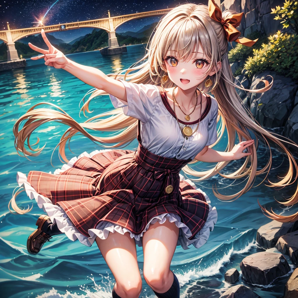 Red, brown, gold, gold hair、Golden Eyes、Hair tied up、One good looking girl、solo、anime、Checkered mini skirt、Ruffles on the skirt、Checked dress、blouse、school uniform、Black knee-high socks、Wearing a baseball cap、Ribbon、Ribbon on waist、Teeth are visible、Silver coin necklace、From above、Cobblestones、waterfall、Starry Sky、Midnight Moon、suspension bridge、Soap bubbles are flying、beam、ripple、Rocks floating in water、Crab walking