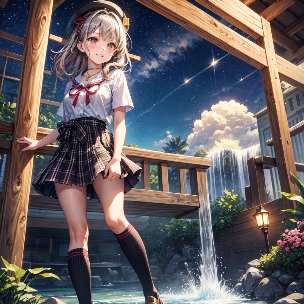 Red, brown, gold, gold hair、Golden Eyes、Hair tied up、One good looking girl、solo、anime、Checkered mini skirt、Ruffles on the skirt、Checked dress、blouse、school uniform、Black knee-high socks、Wearing a baseball cap、Ribbon、Ribbon on waist、Teeth are visible、Silver coin necklace、From above、Cobblestones、waterfall、Starry Sky、Midnight Moon、suspension bridge、Soap bubbles are flying、beam、ripple、Rocks floating in water、Crab walking