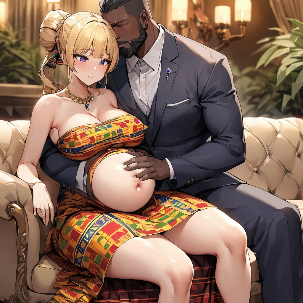 ((Highest quality)), ((masterpiece)), (detailed), (Perfect Face)、The woman is a Ghanaian black woman named Tsukino Usagi with vivid dark skin. She is wearing the gorgeous, colorful, glittering Ghanaian traditional kente dress in a luxurious Ghanaian mansion, and is wearing gorgeous jeweled accessories and an engagement ring. The woman and the man are sitting on a luxurious, large sofa in the luxurious room, and the woman is being embraced by a dignified, muscular, bearded, middle-aged Ghanaian man wearing Ghanaian traditional dress, who is touching her breasts and groin and kissing her.、The woman is the elegant Tsukino Usagi, with long blonde hair in a chignon twin tail, and a vivid dark-brown skin wearing the colorful Ghanaian national dress, Kente.、(The woman is a dark-skinned black Ghanaian.)、the woman is pregnant、The man is a dignified, muscular, bearded Ghanaian man wearing the Ghanaian national dress.