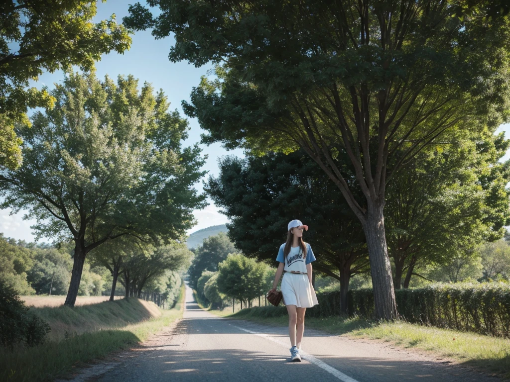 A girl,Walking on the country road,With a baseball cap,Big Tree